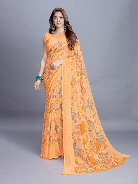 

PERFECTBLUE Orange & Blue Floral Saree