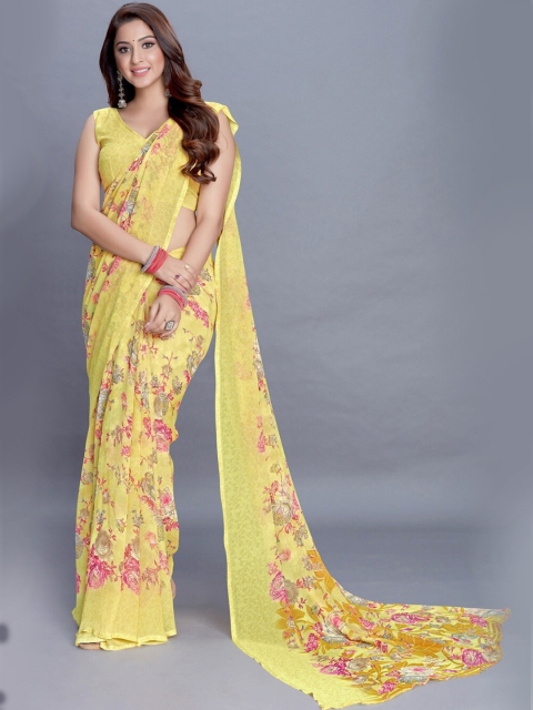 

PERFECTBLUE Yellow & Magenta Floral Saree