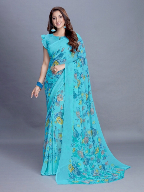 

PERFECTBLUE Turquoise Blue Floral Saree