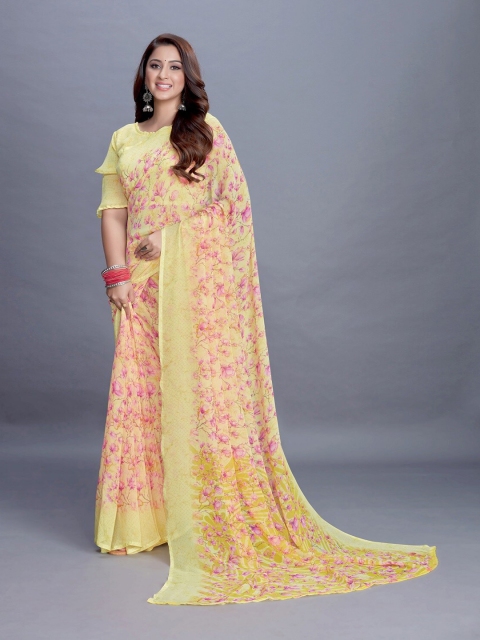 

PERFECTBLUE Yellow & Pink Floral Saree