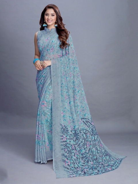 

PERFECTBLUE Grey & Pink Floral Saree