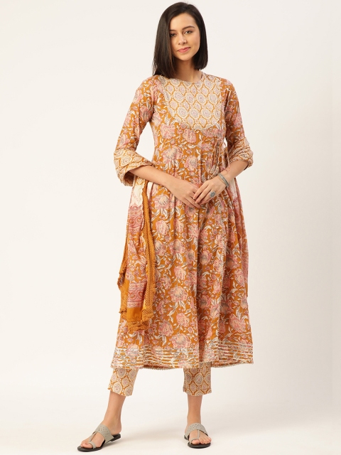 

MAAND Women Brown Floral Angrakha Gotta Patti Pure Cotton Kurta Set With Dupatta
