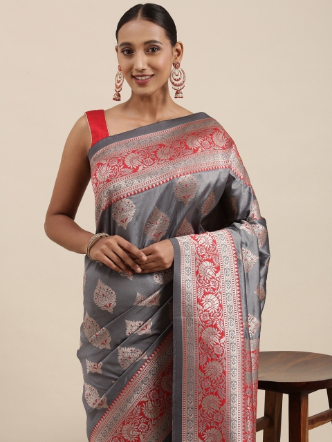 

Mitera Grey & Gold Ethnic Motifs Zari Silk Blend Celebrity Banarasi Saree