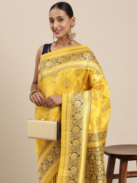 

Mitera Yellow & Gold Ethnic Motifs Zari Silk Blend Celebrity Banarasi Saree