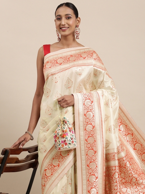 

Mitera White & Gold Ethnic Motifs Zari Silk Blend Celebrity Banarasi Saree