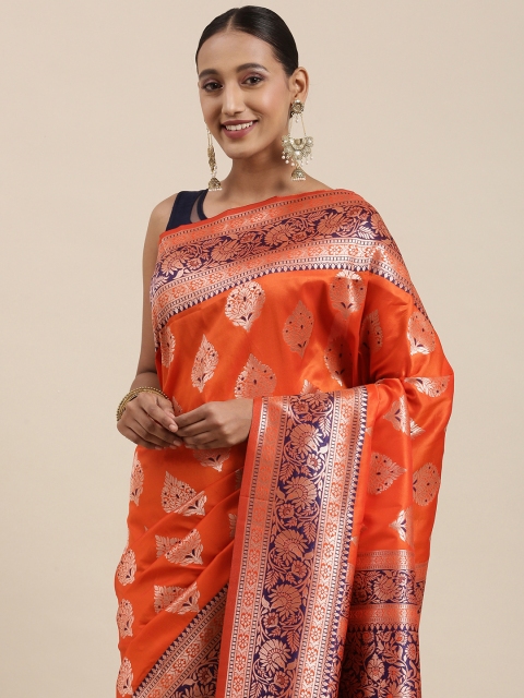 

Mitera Orange & Gold Ethnic Motifs Zari Silk Blend Celebrity Banarasi Saree