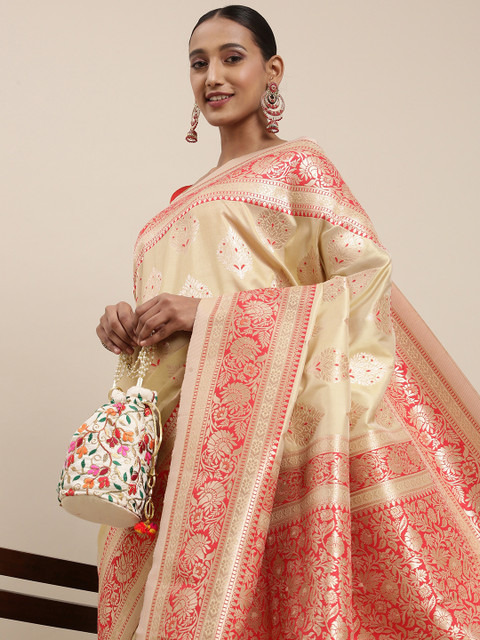 

Mitera Beige & Pink Ethnic Motifs Zari Silk Blend Celebrity Banarasi Saree