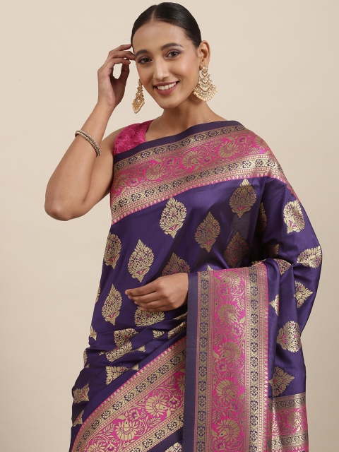 

Mitera Purple & Gold Ethnic Motifs Zari Silk Blend Celebrity Banarasi Saree