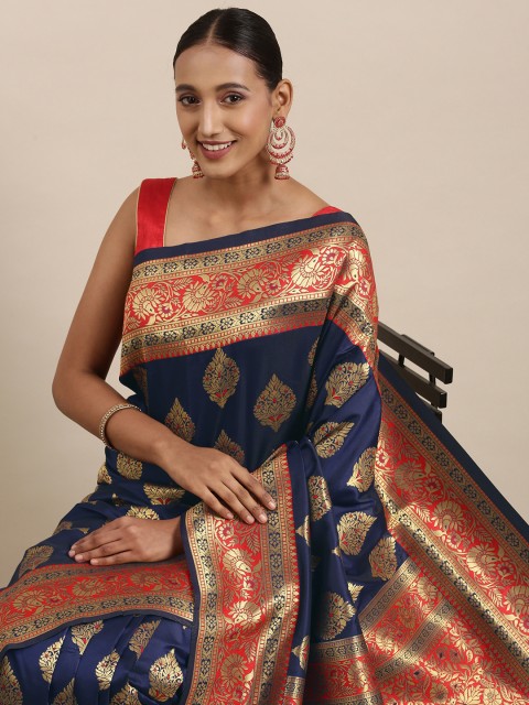 

Mitera Navy Blue & Gold Ethnic Motifs Zari Silk Blend Celebrity Banarasi Saree