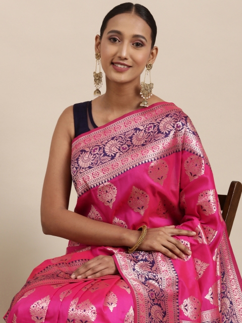 

Mitera Pink & Gold Ethnic Motifs Zari Silk Blend Celebrity Banarasi Saree