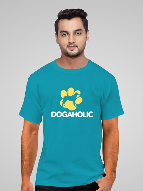 Pootlu Men Turquoise Blue Typography Printed Applique T-shirt