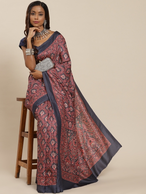 

LABEL AARNA Red & Navy Blue Ethnic Motifs Pashmina Silk Blend Saree