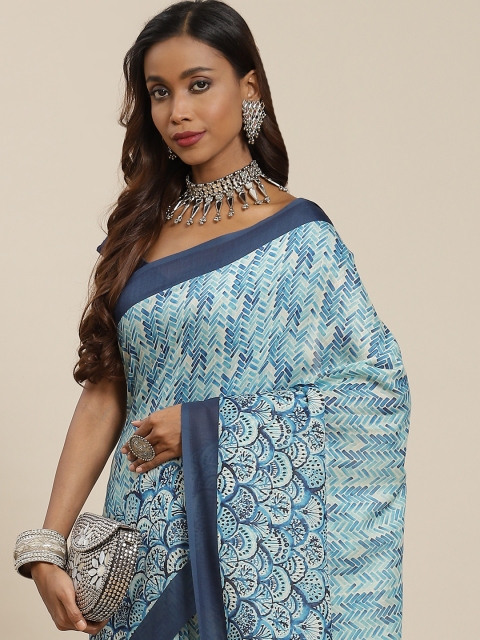 

LABEL AARNA Blue & Cream-Coloured Ethnic Motifs Cotton-Silk Saree