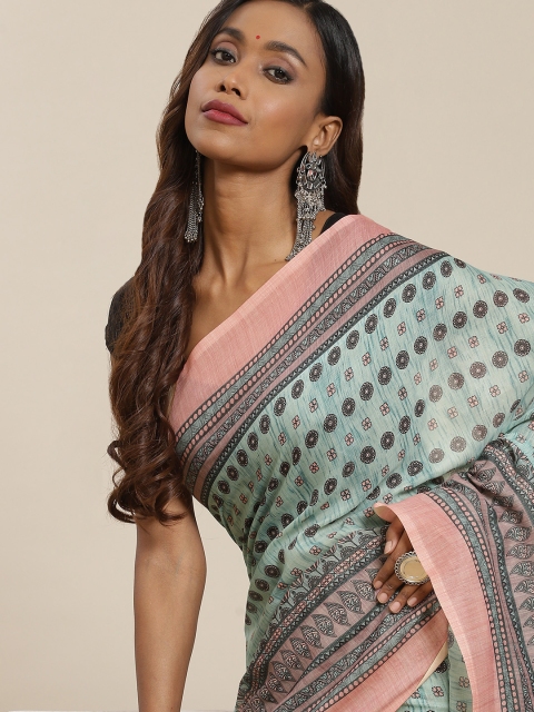 

LABEL AARNA Mint Green & Pink Ethnic Motifs Cotton Blend Saree