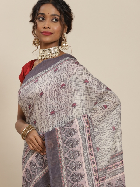 

LABEL AARNA Off White & Grey Ethnic Motifs Cotton Blend Saree