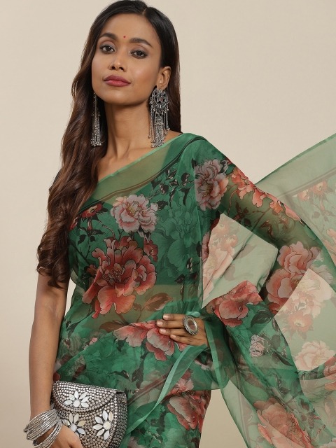 

LABEL AARNA Green & Peach-Coloured Floral Organza Saree