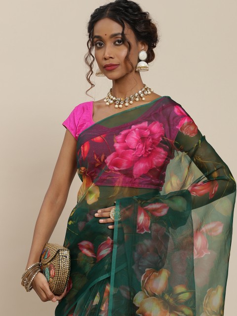 

LABEL AARNA Green & Pink Floral Organza Saree