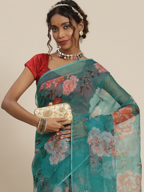 

LABEL AARNA Sea Green & Pink Floral Organza Saree