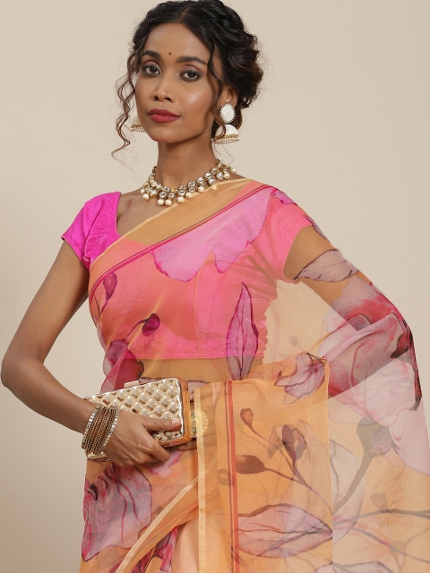 

LABEL AARNA Orange & Pink Floral Organza Saree