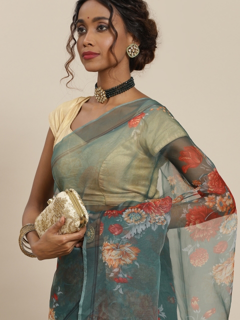 

LABEL AARNA Green & Red Floral Organza Saree