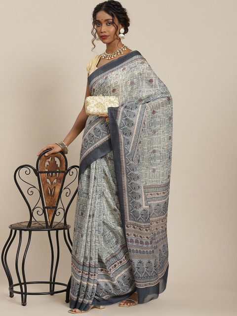 

LABEL AARNA Off White & Mint Green Ethnic Motifs Cotton Blend Saree