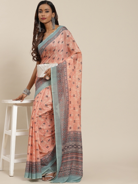 

LABEL AARNA Orange & Green Floral Cotton Blend Saree