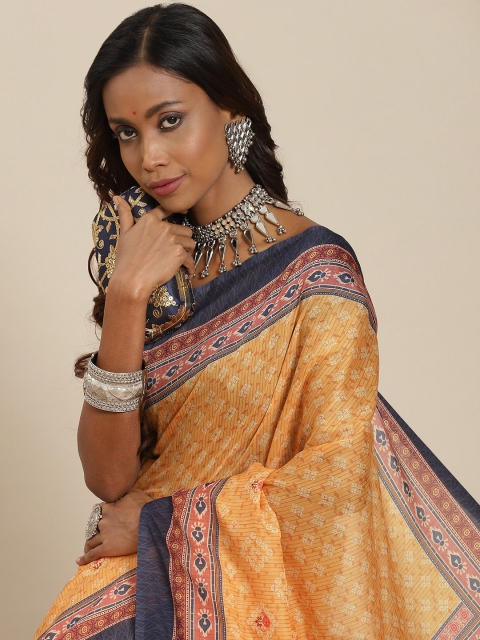 

LABEL AARNA Yellow & Teal Blue Ethnic Motifs Cotton Blend Saree