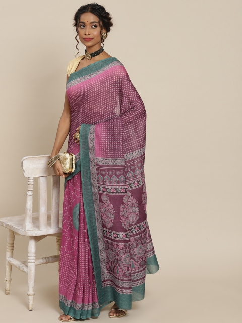 

LABEL AARNA Pink & Green Bandhani Cotton Blend Saree