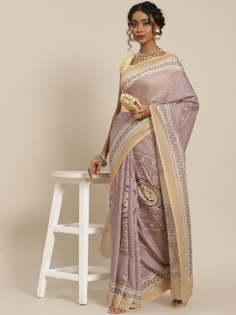 

LABEL AARNA Mauve & Yellow Bandhani Cotton Blend Saree