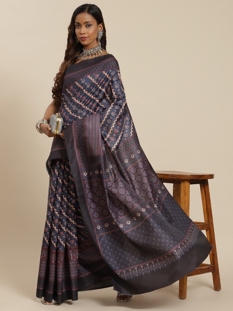 

LABEL AARNA Teal Blue & Charcoal Grey Ethnic Motifs Silk Blend Saree
