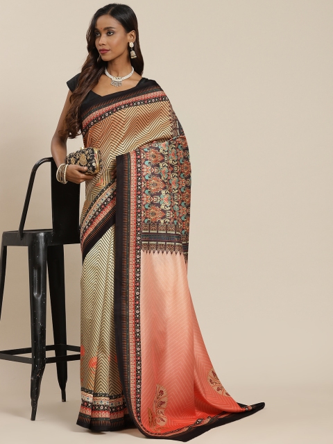 

LABEL AARNA Peach-Coloured & Black Ethnic Motifs Silk Blend Saree
