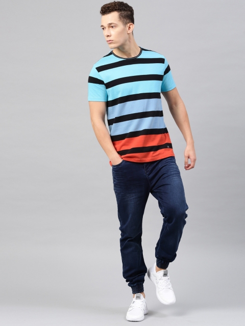 

HRX by Hrithik Roshan Men Blue & Black Striped Round Neck T-shirt