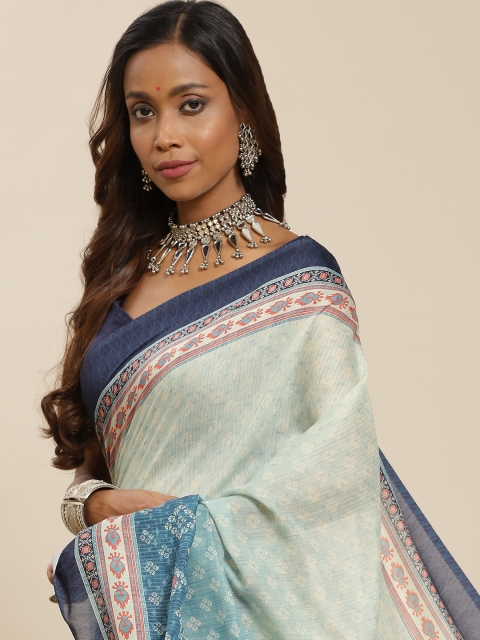 

LABEL AARNA Green & Navy Blue Ethnic Motifs Silk Blend Saree