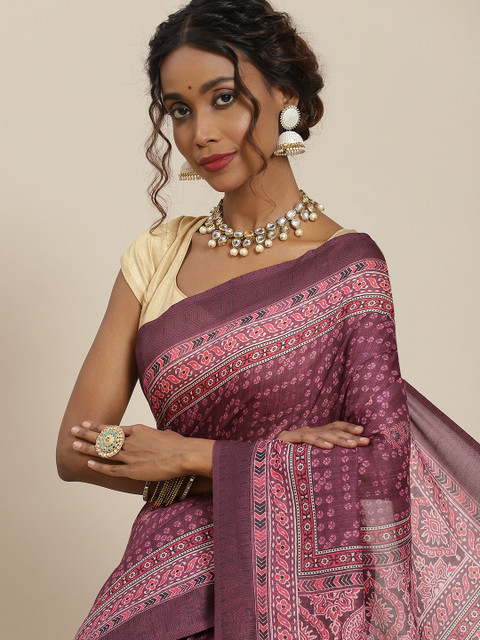 

LABEL AARNA Burgundy & White Ethnic Motifs Silk Blend Saree