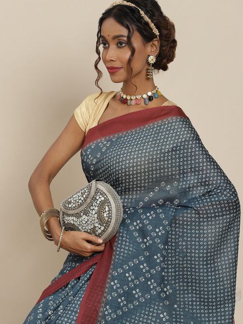 

LABEL AARNA Blue & Maroon Bandhani Silk Blend Saree