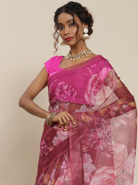 

LABEL AARNA Maroon & Pink Floral Organza Saree