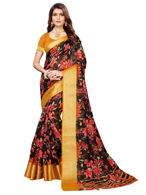 

KALINI Black & Red Floral Printed Linen Blend Saree