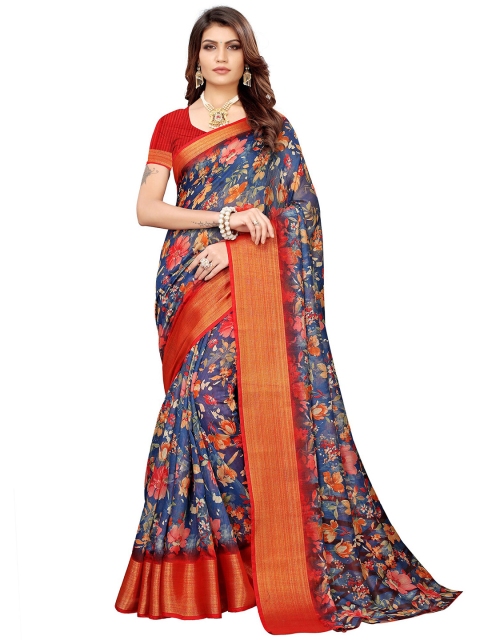 

KALINI Blue & Orange Floral Printed Linen Blend Saree