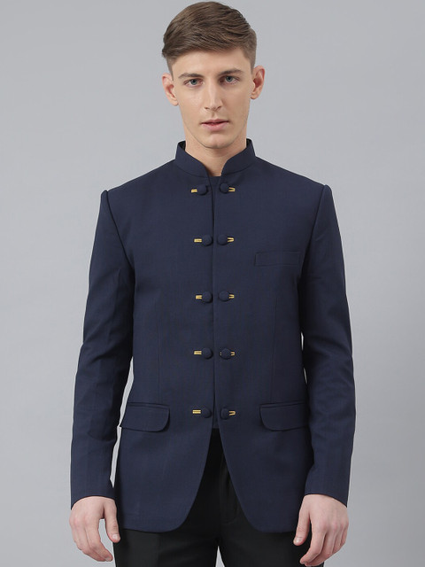 

MR BUTTON Men Navy Blue Solid Slim Bit Single Breasted Blazers