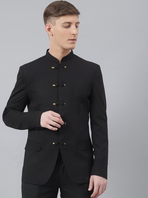 

MR BUTTON Men Black Solid Bandhgala Blazers