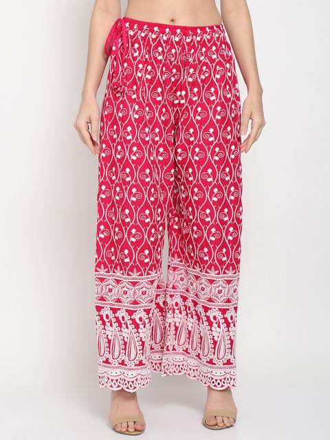 

TAG 7 Women Pink & White Floral Embroidered Flared Palazzos