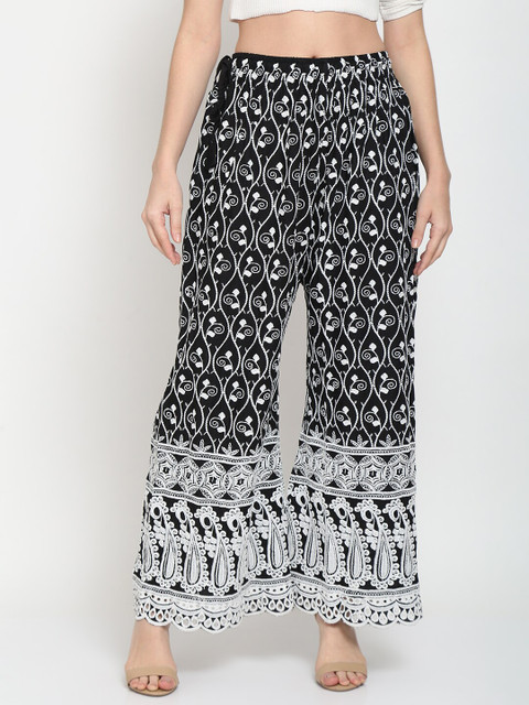 

TAG 7 Women Black & White Ethnic Motifs Embroidered Flared Ethnic Palazzos