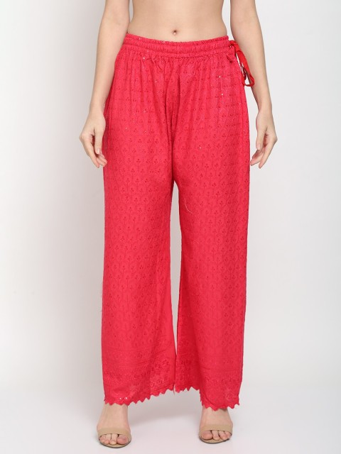 

TAG 7 Women Pink Ethnic Motifs Embroidered Sequin Flared Ethnic Palazzos