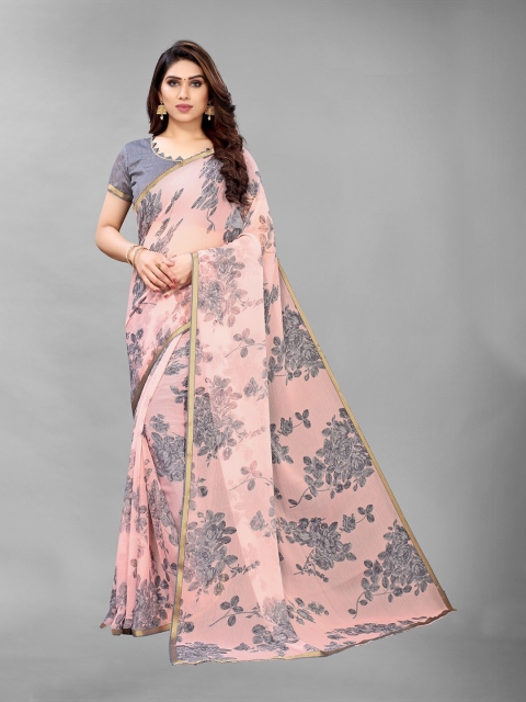 

PERFECTBLUE Pink & Grey Floral Poly Georgette Saree