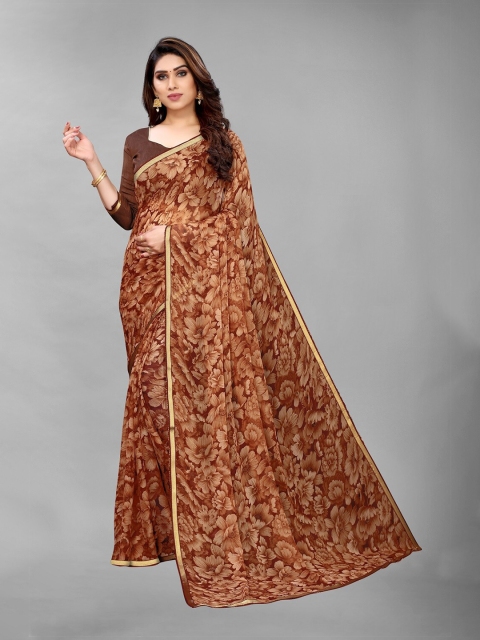 

PERFECTBLUE Brown Floral Zari Saree