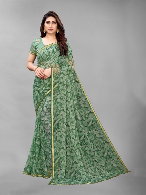 

PERFECTBLUE Green & Golden Floral Poly Georgette Saree