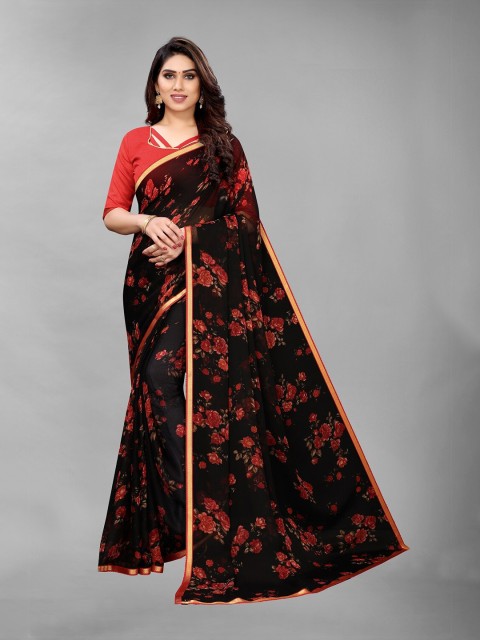 

PERFECTBLUE Red & Black Floral Poly Georgette Saree