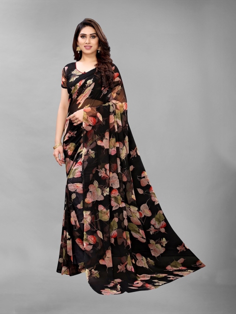 

PERFECTBLUE Black & Red Floral Poly Georgette Saree