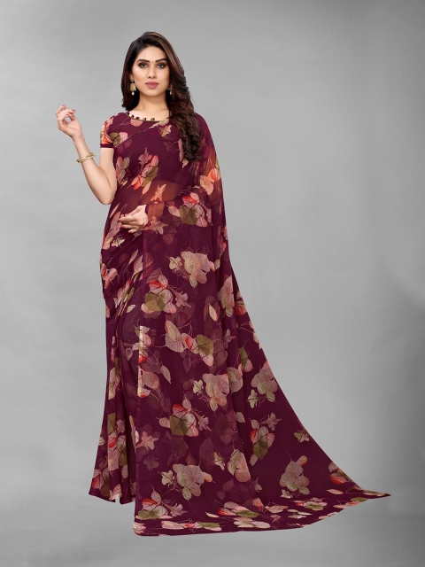 

PERFECTBLUE Burgundy & Red Floral Saree