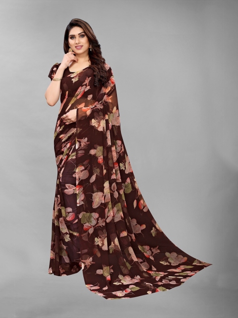 

PERFECTBLUE Brown & Green Floral Saree